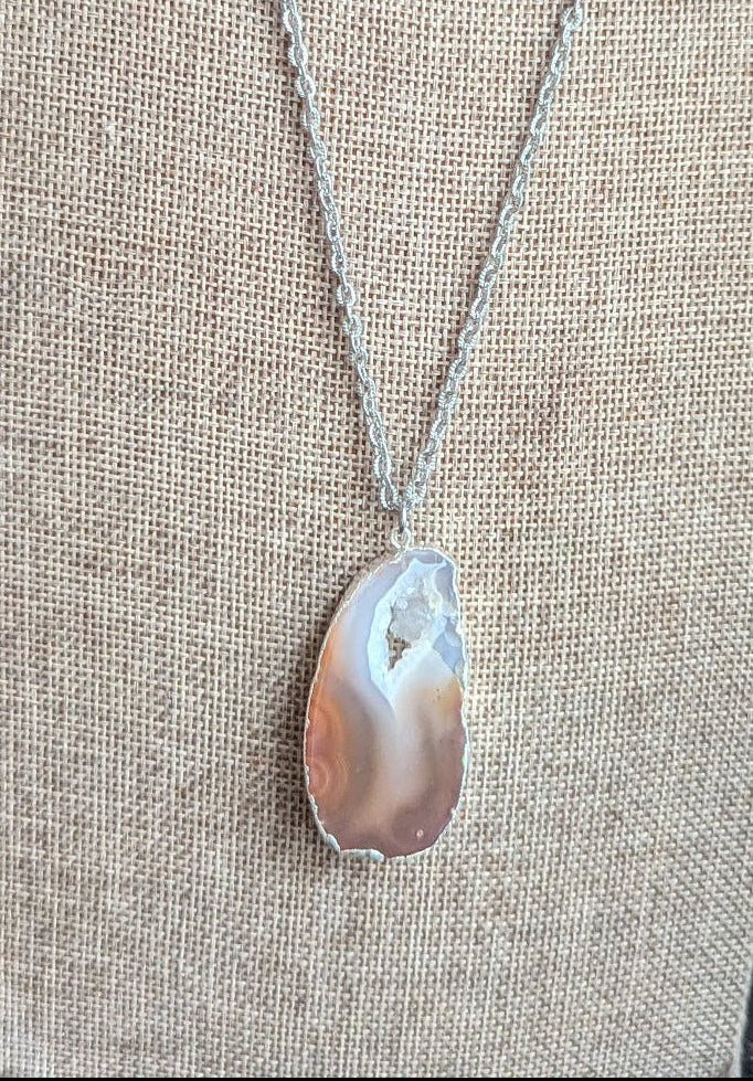 Large Brown Agate Slice Silver Necklace