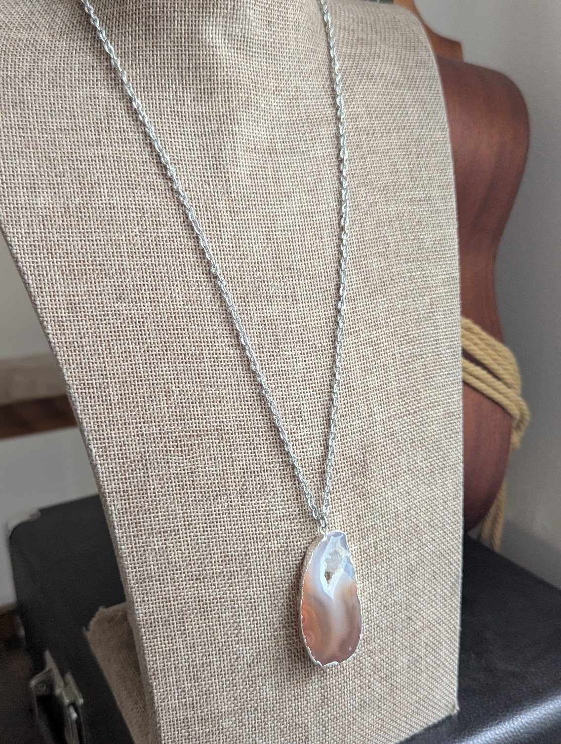 Large Brown Agate Slice Silver Necklace
