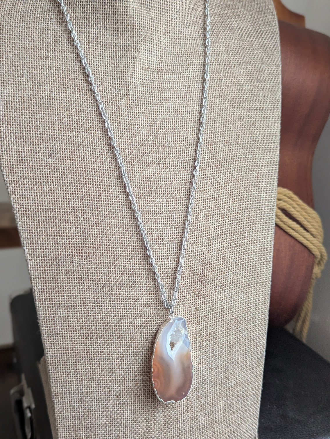 Large Brown Agate Slice Silver Necklace
