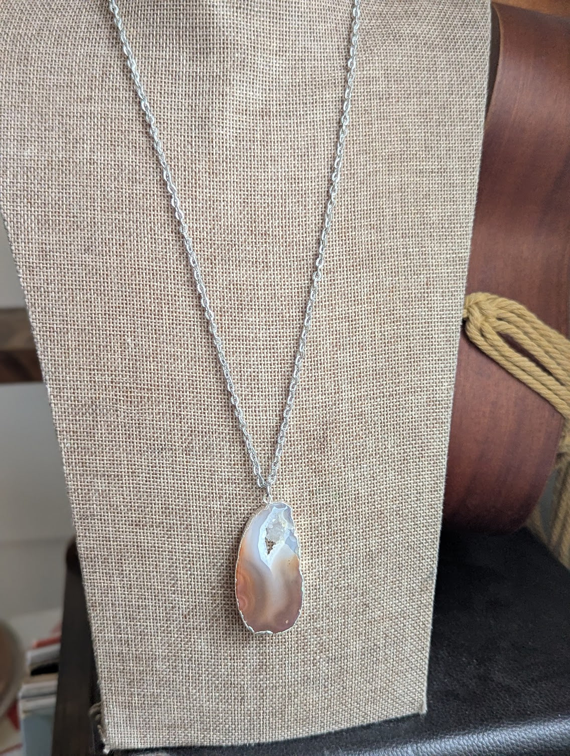 Large Brown Agate Slice Silver Necklace