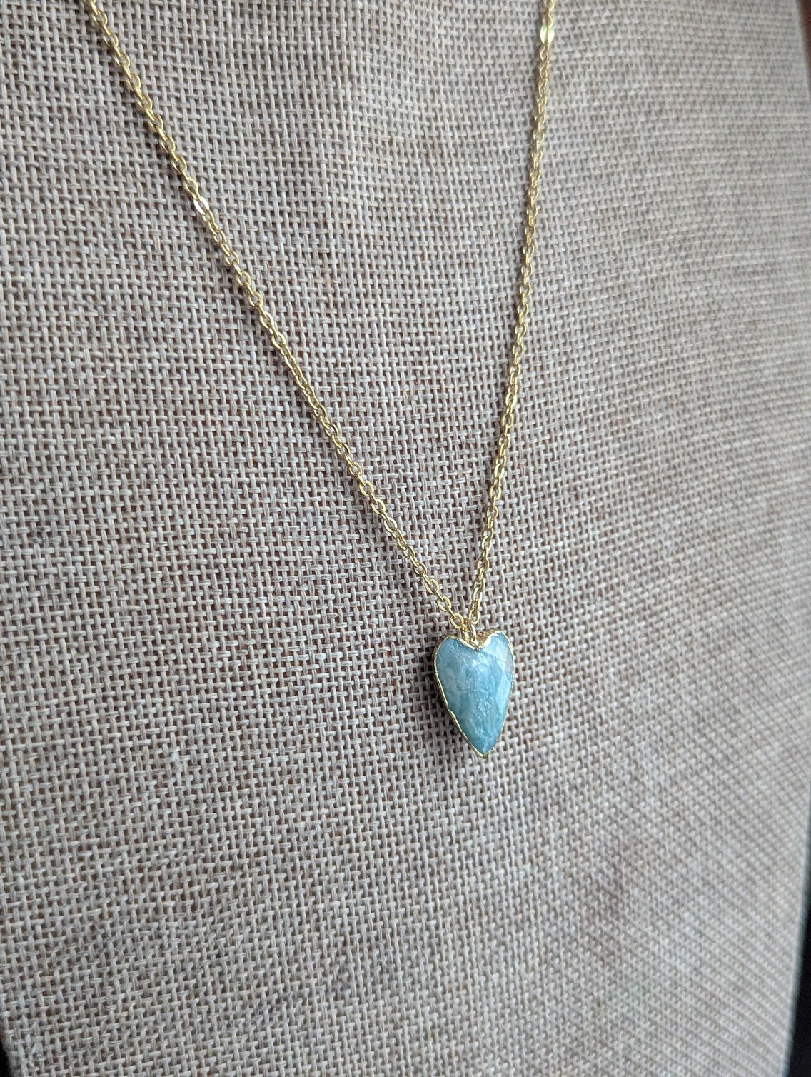 Faceted Gemstone Heart Gold Necklace (Rose Quartz and Amazonite)