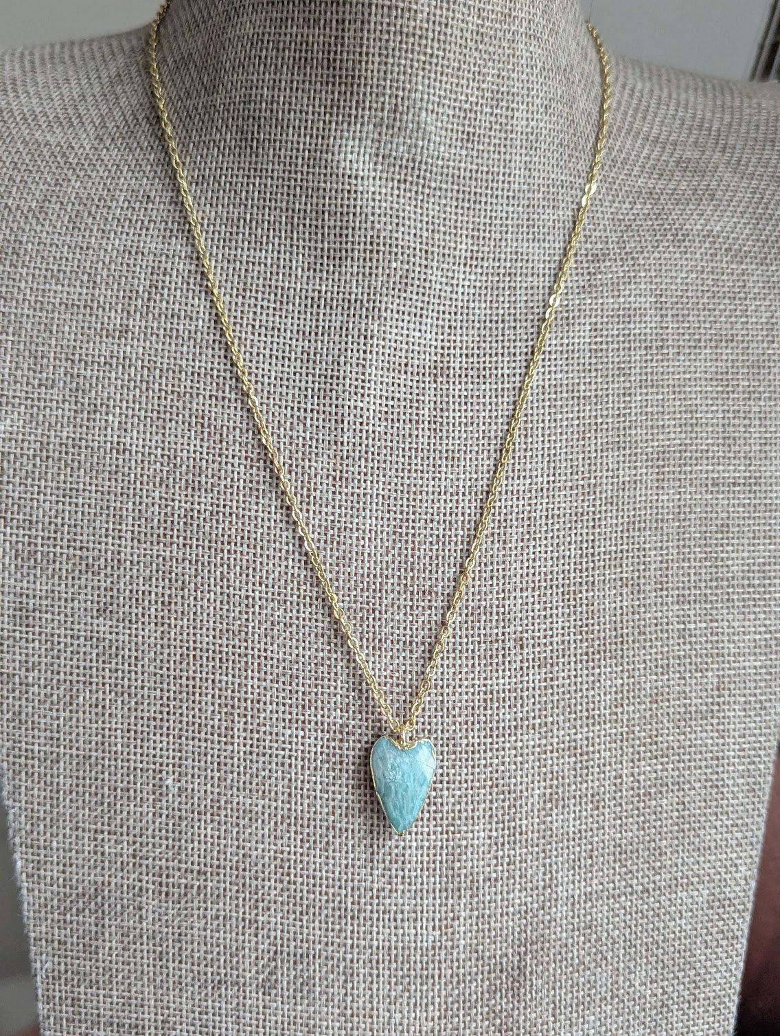 Faceted Gemstone Heart Gold Necklace (Rose Quartz and Amazonite)