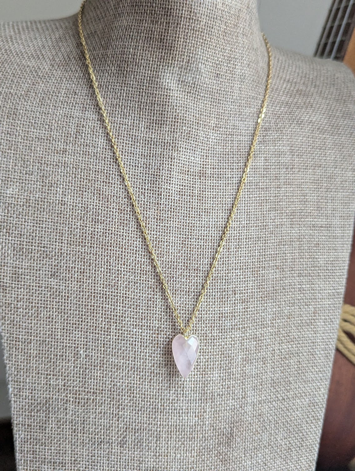 Faceted Gemstone Heart Gold Necklace (Rose Quartz and Amazonite)
