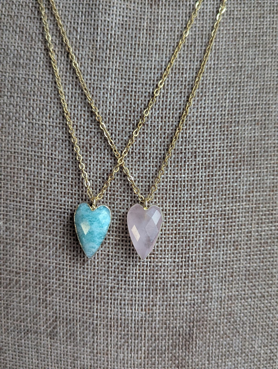 Faceted Gemstone Heart Gold Necklace (Rose Quartz and Amazonite)