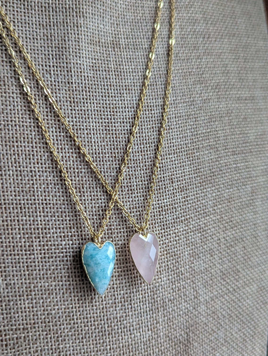 Faceted Gemstone Heart Gold Necklace (Rose Quartz and Amazonite)