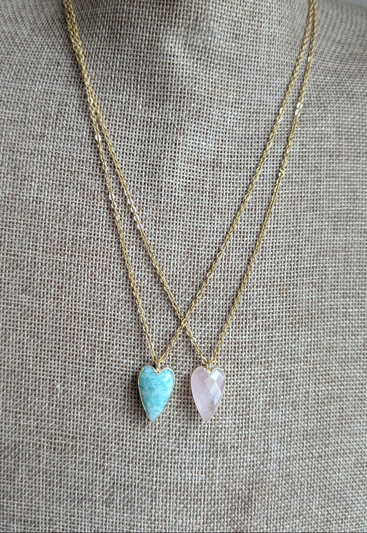 Faceted Gemstone Heart Gold Necklace (Rose Quartz and Amazonite)