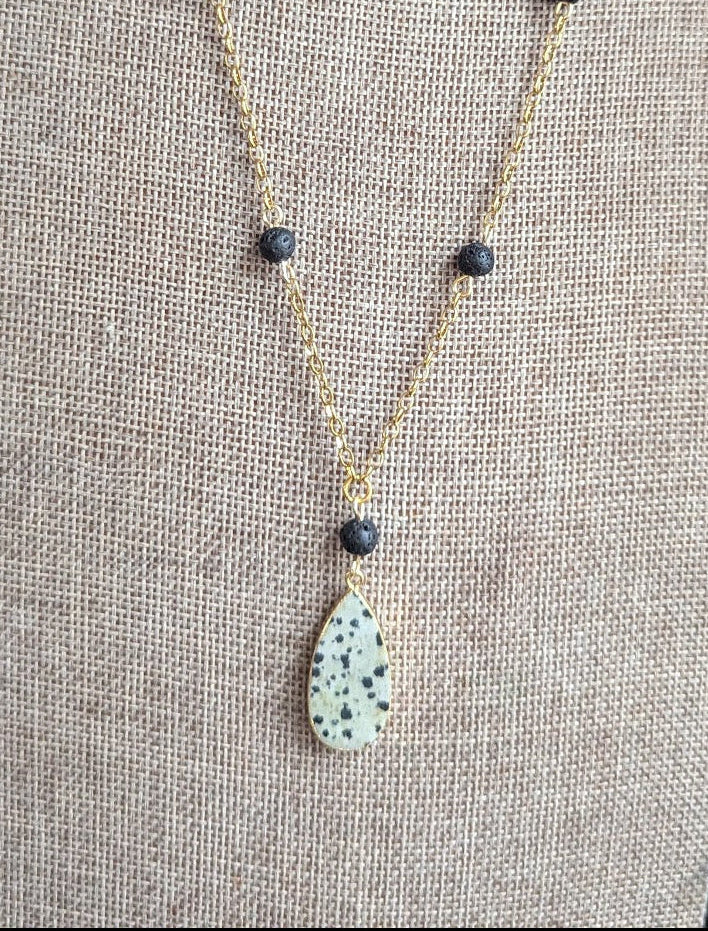 Dalmatian Jasper and Lava Bead Gold Necklace