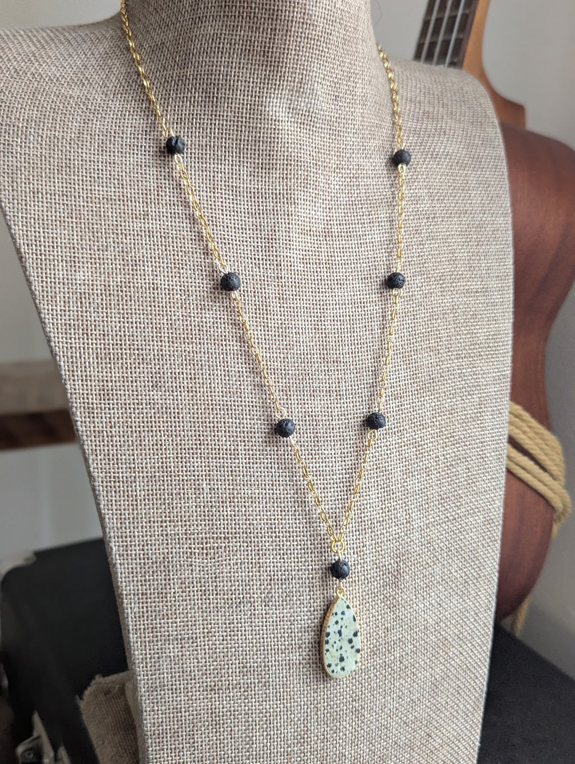 Dalmatian Jasper and Lava Bead Gold Necklace