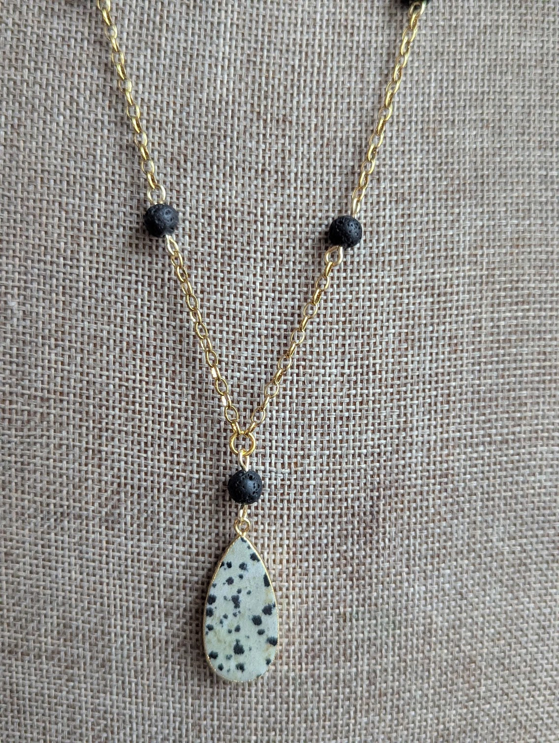 Dalmatian Jasper and Lava Bead Gold Necklace