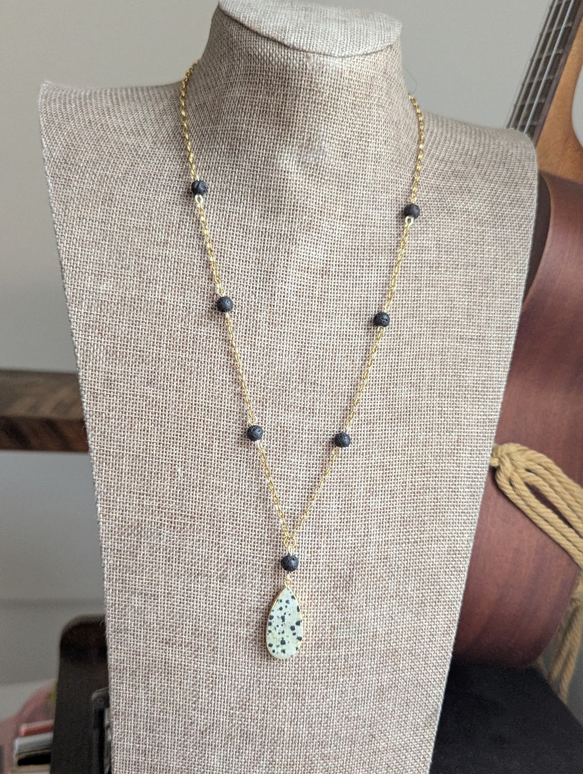 Dalmatian Jasper and Lava Bead Gold Necklace