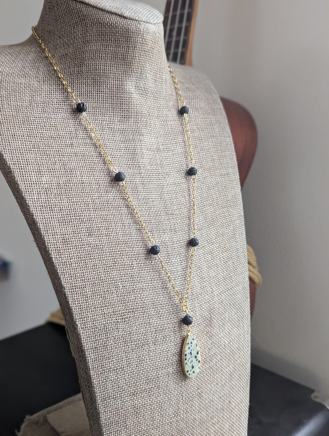 Dalmatian Jasper and Lava Bead Gold Necklace