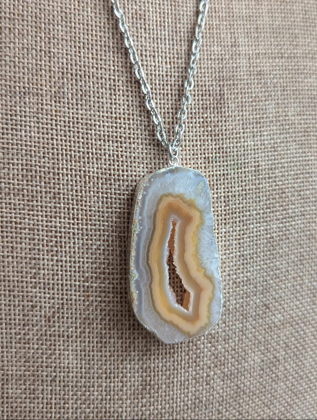 Large Yellow Agate Slice Silver Necklace