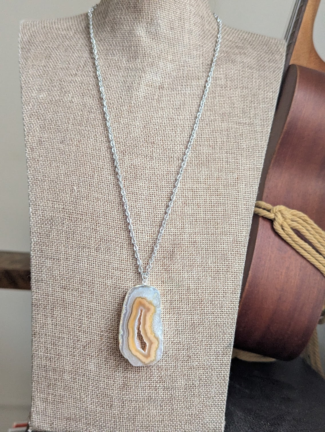 Large Yellow Agate Slice Silver Necklace