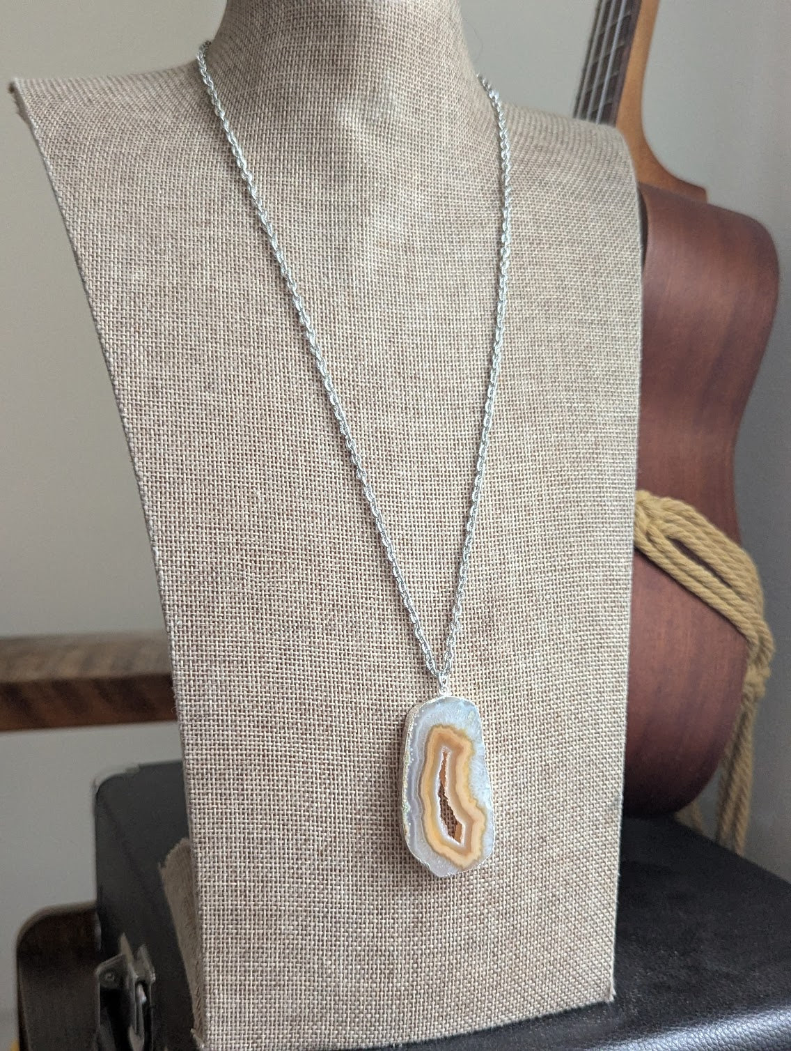 Large Yellow Agate Slice Silver Necklace