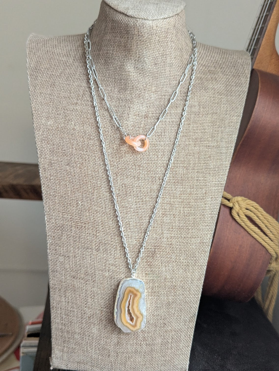 Large Yellow Agate Slice Silver Necklace