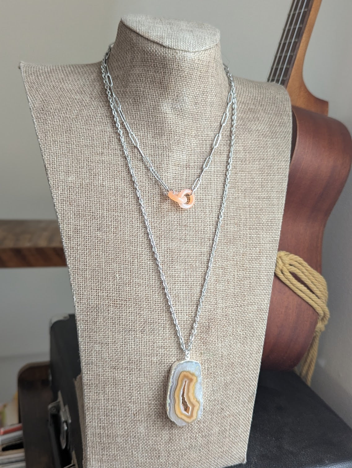 Large Yellow Agate Slice Silver Necklace