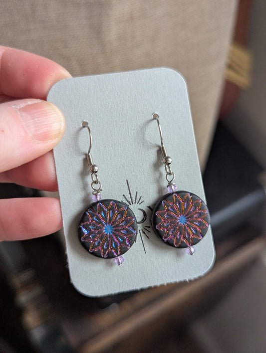 Etched Rainbow Flower Silver Earrings