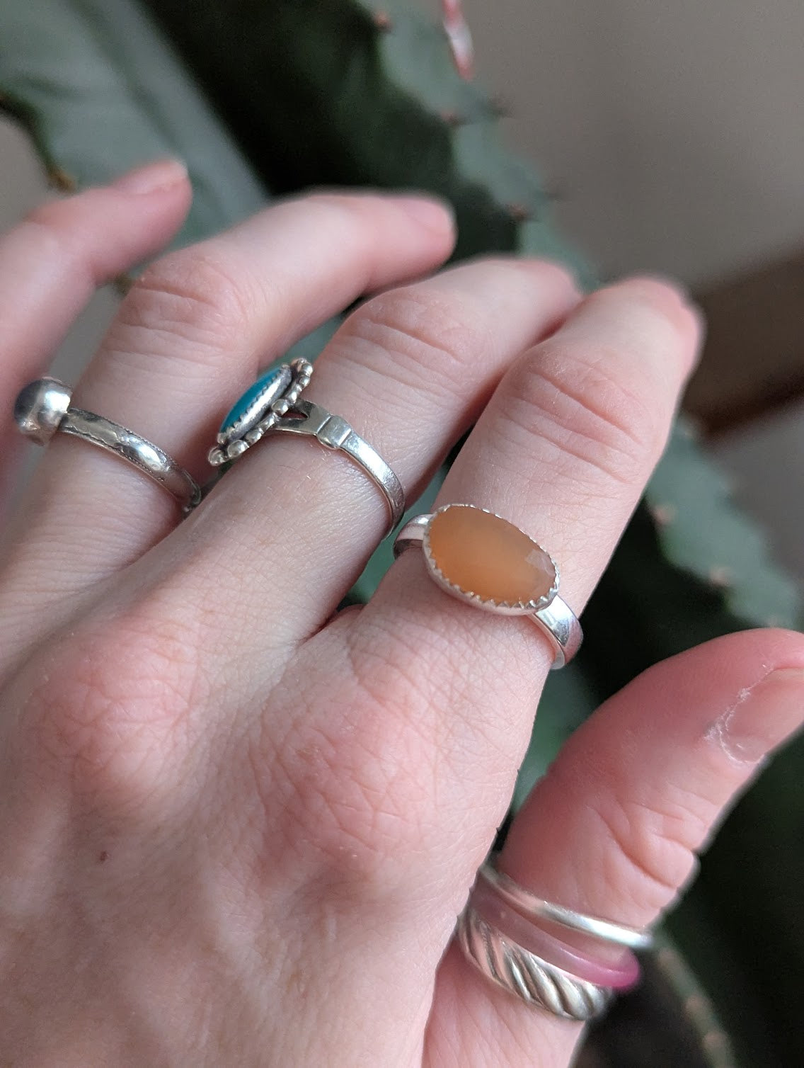 Faceted Peach Moonstone Silver Ring - Size 7.5