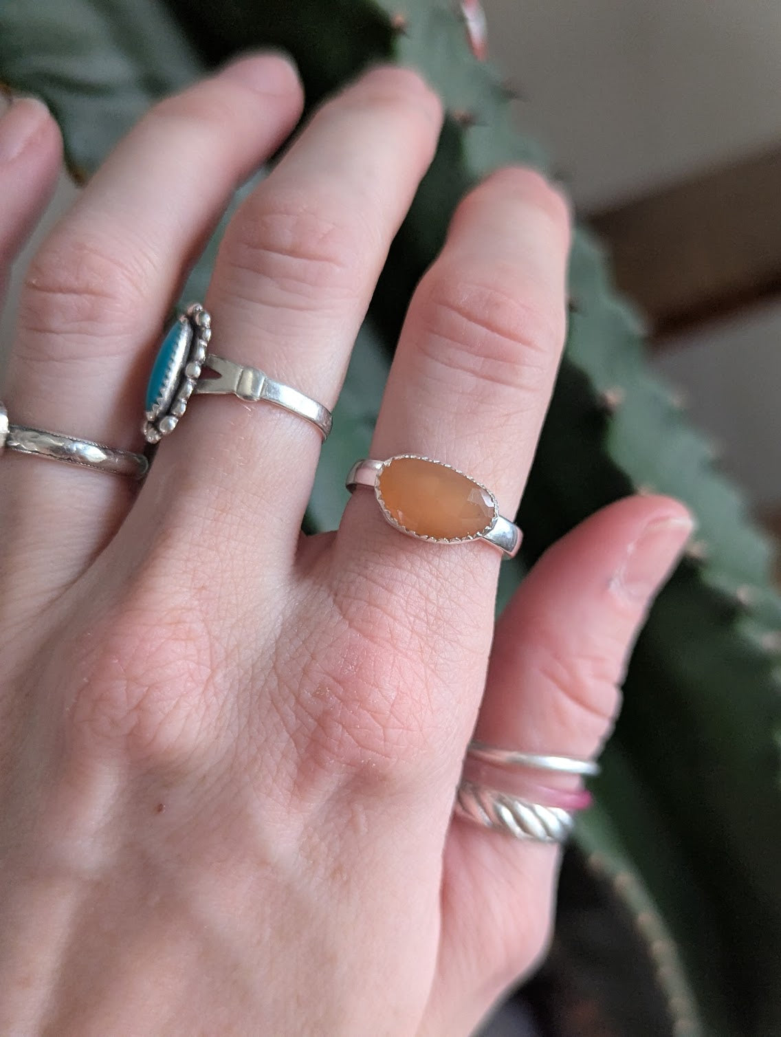 Faceted Peach Moonstone Silver Ring - Size 7.5