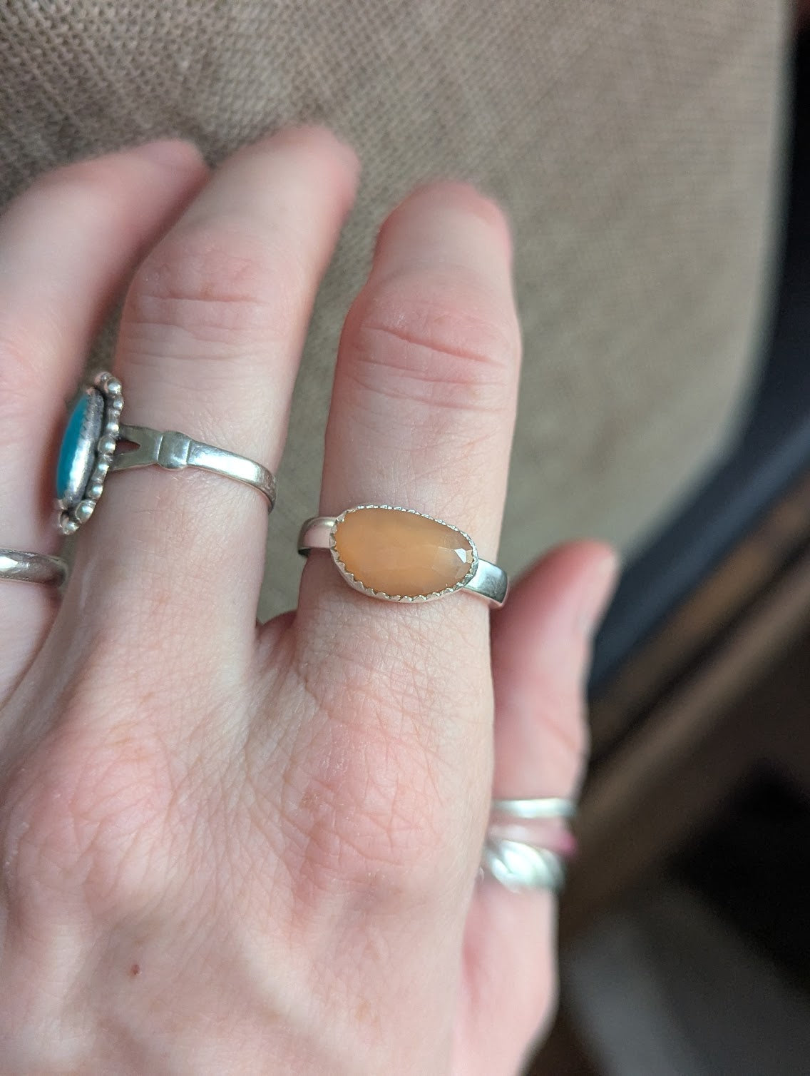 Faceted Peach Moonstone Silver Ring - Size 7.5