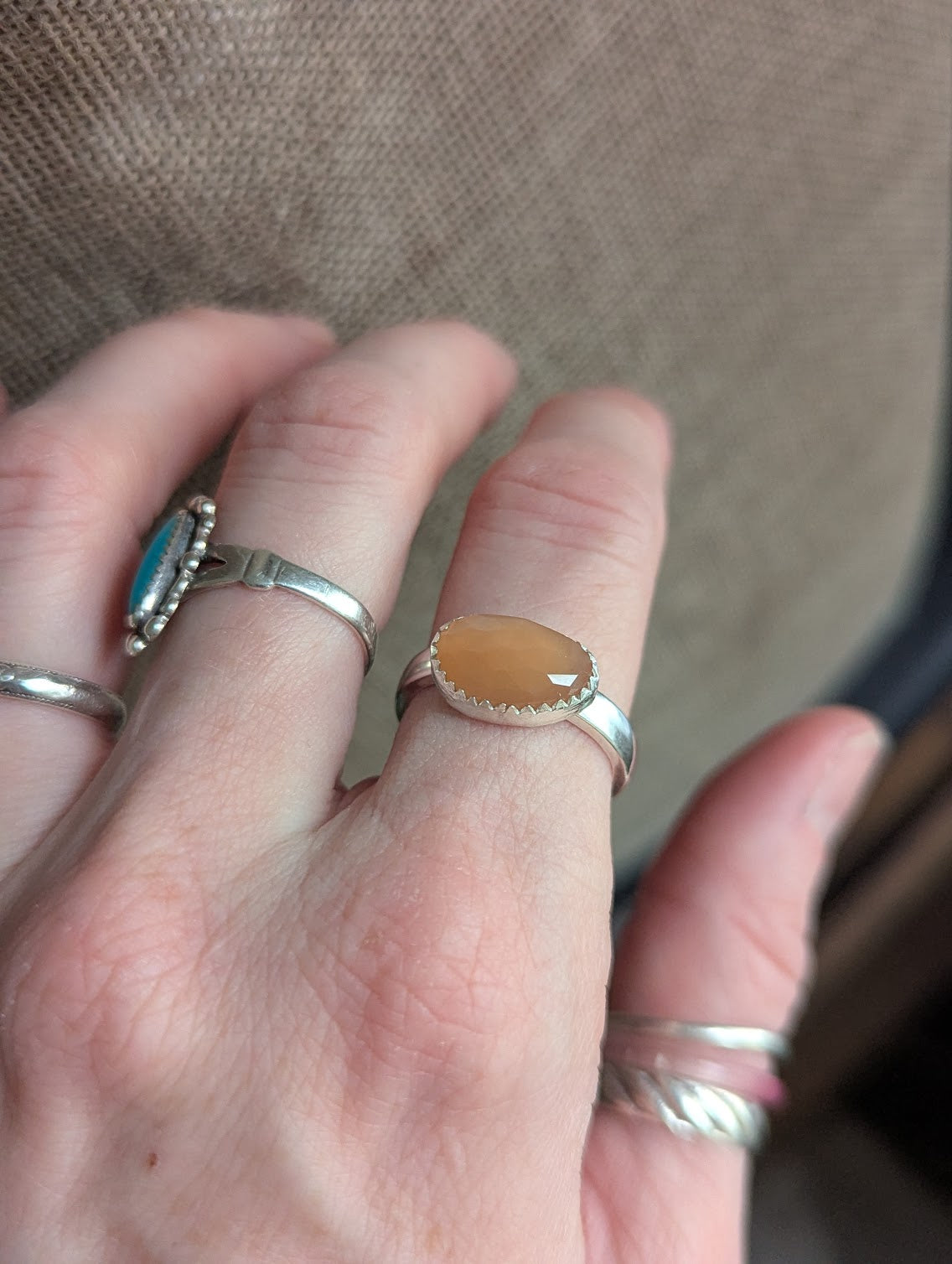 Faceted Peach Moonstone Silver Ring - Size 7.5