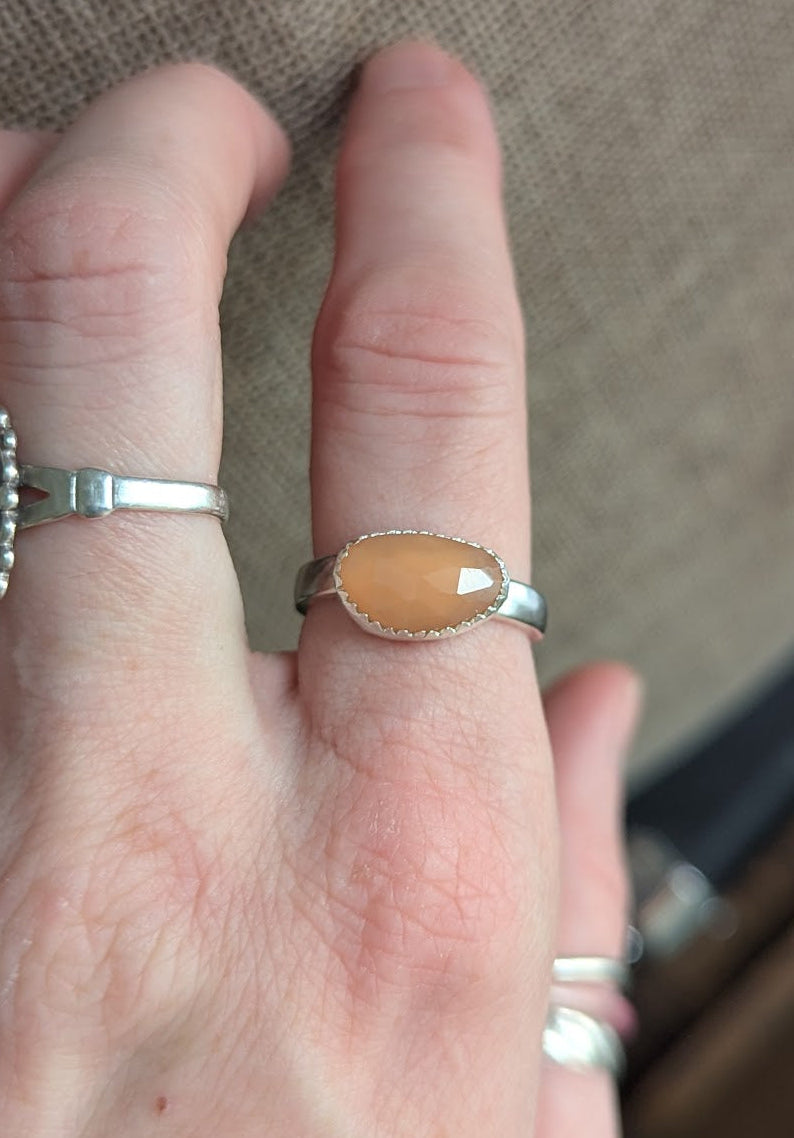 Faceted Peach Moonstone Silver Ring - Size 7.5