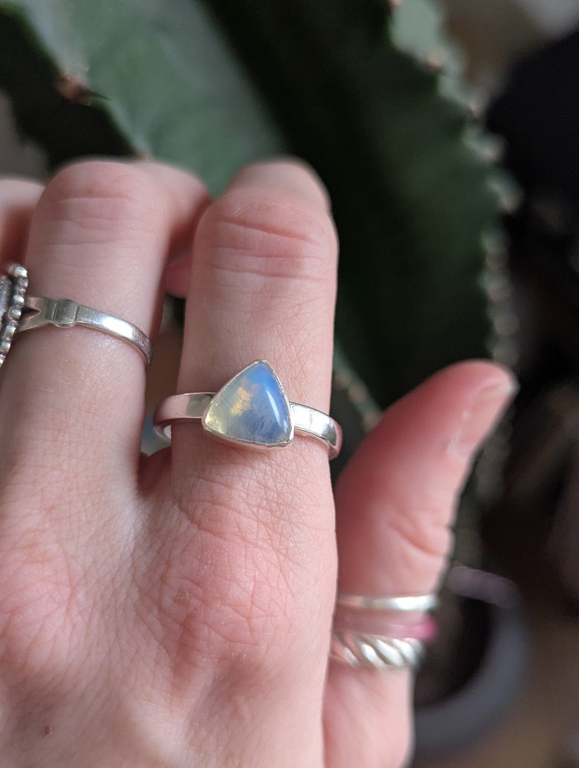 Opalite Trillion Silver Ring - Size 10.5