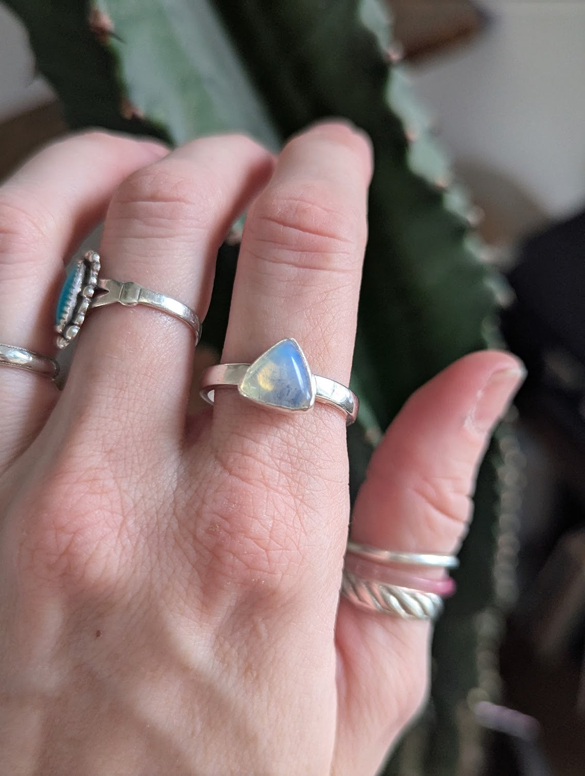 Opalite Trillion Silver Ring - Size 10.5