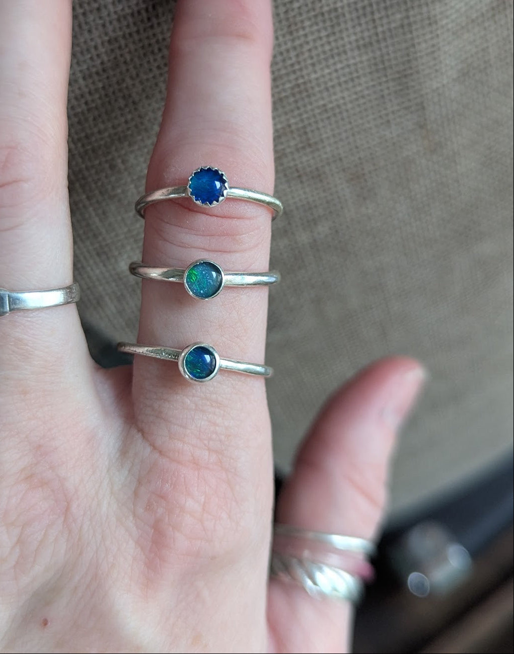 5mm Blue Green Opal Silver Stacker Ring - Size 7.5, 8 & 11