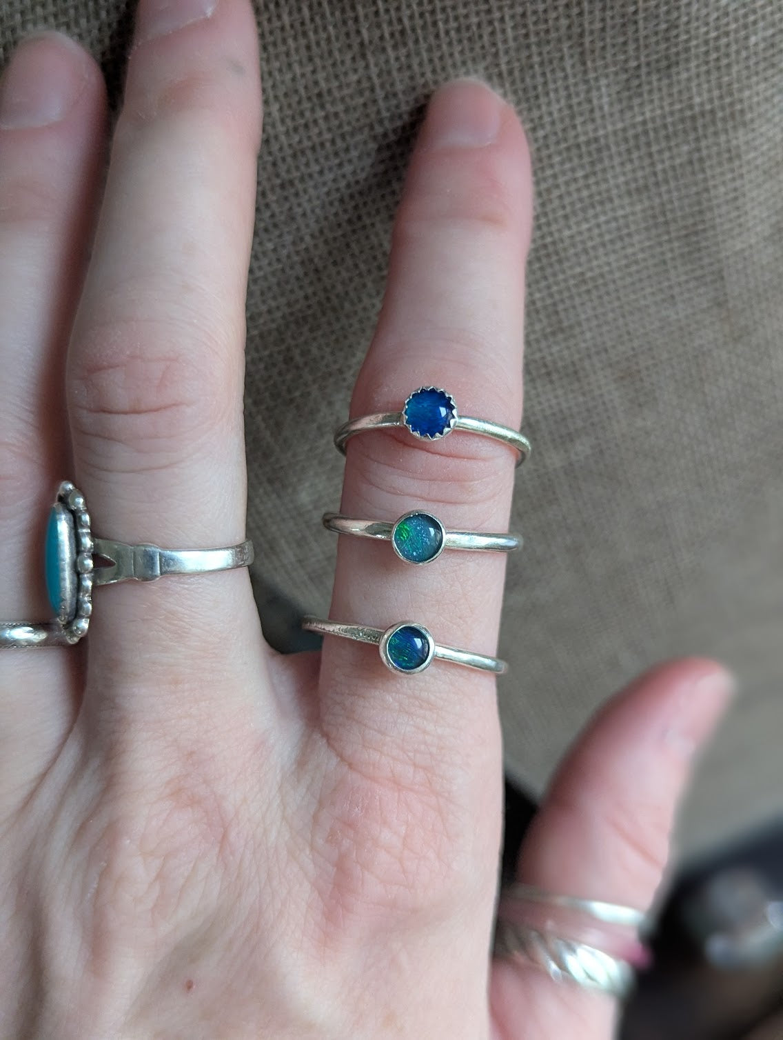 5mm Blue Green Opal Silver Stacker Ring - Size 7.5, 8 & 11
