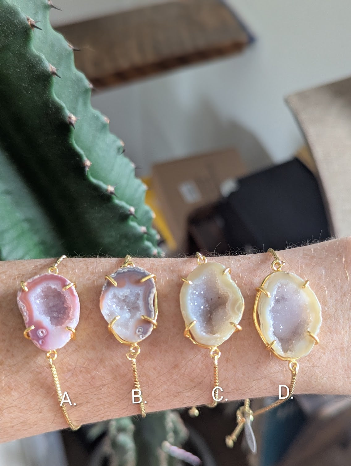 Half Raw Agate and Druzy Gold Slider Bracelet