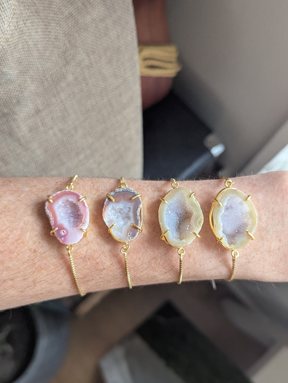 Half Raw Agate and Druzy Gold Slider Bracelet