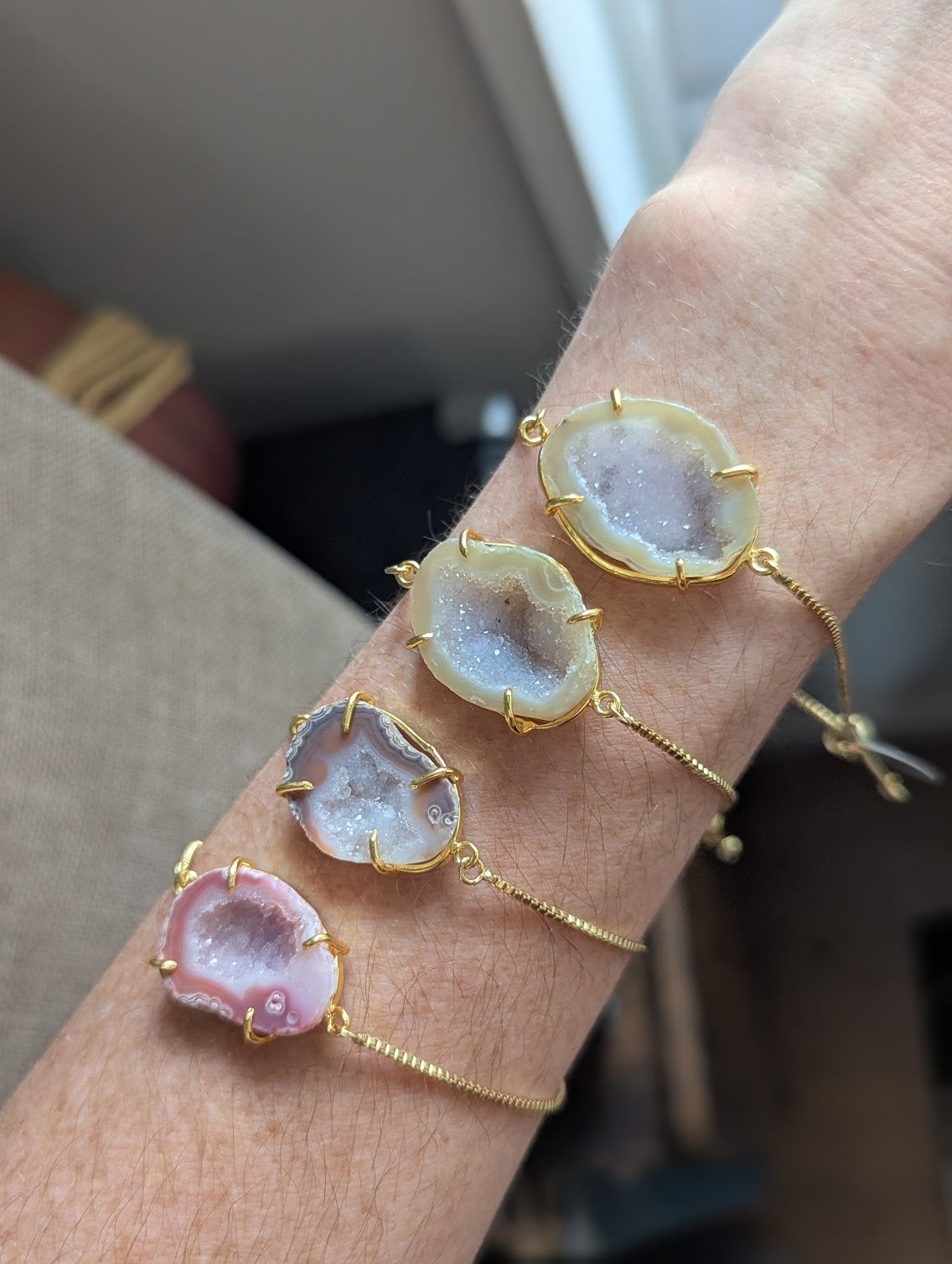 Half Raw Agate and Druzy Gold Slider Bracelet