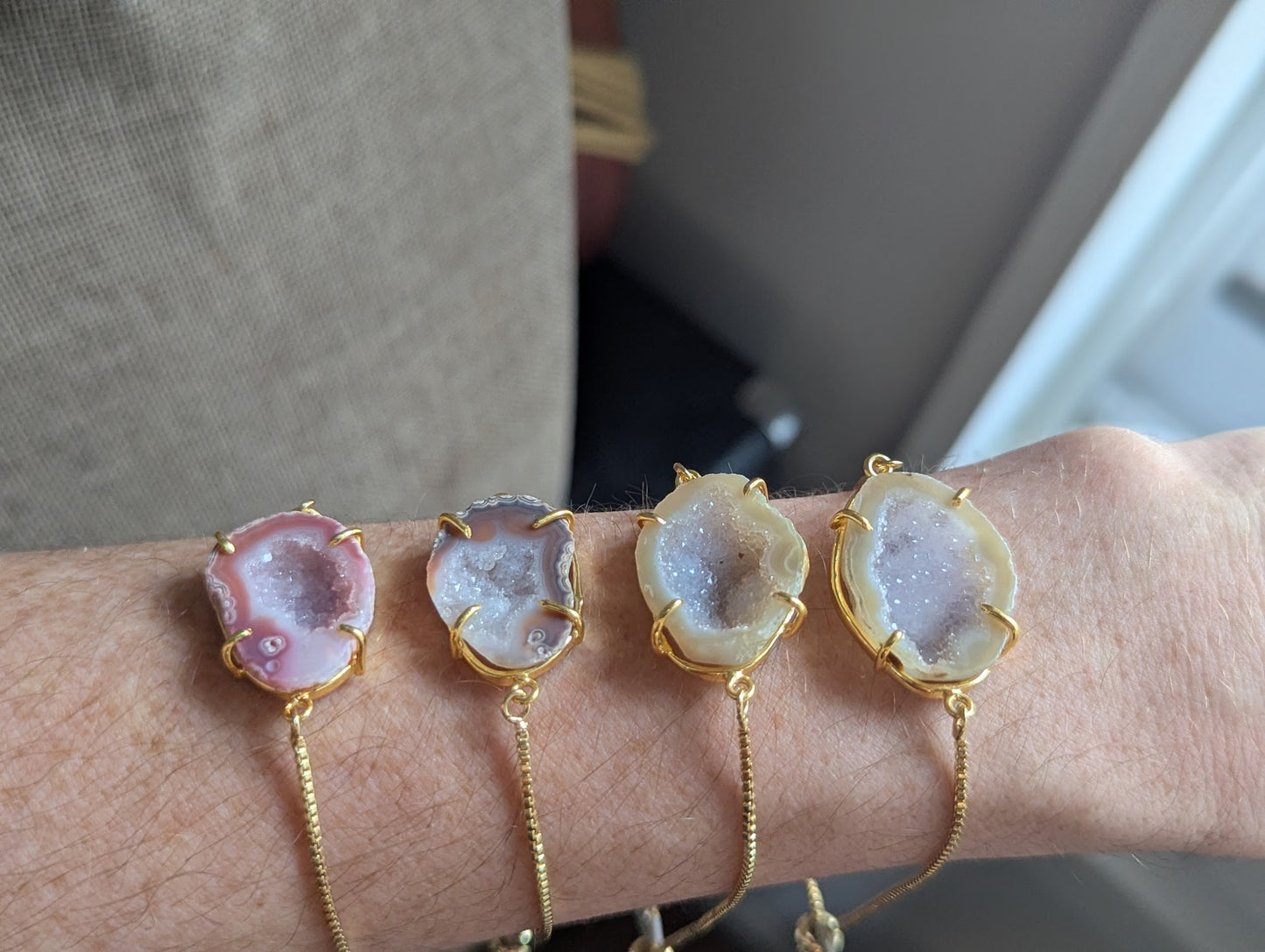 Half Raw Agate and Druzy Gold Slider Bracelet
