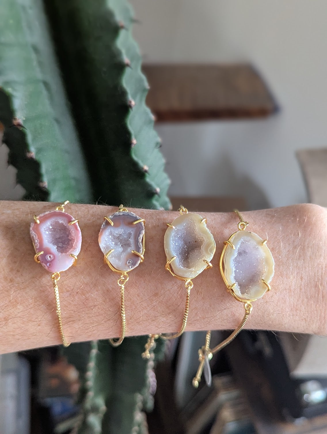 Half Raw Agate and Druzy Gold Slider Bracelet