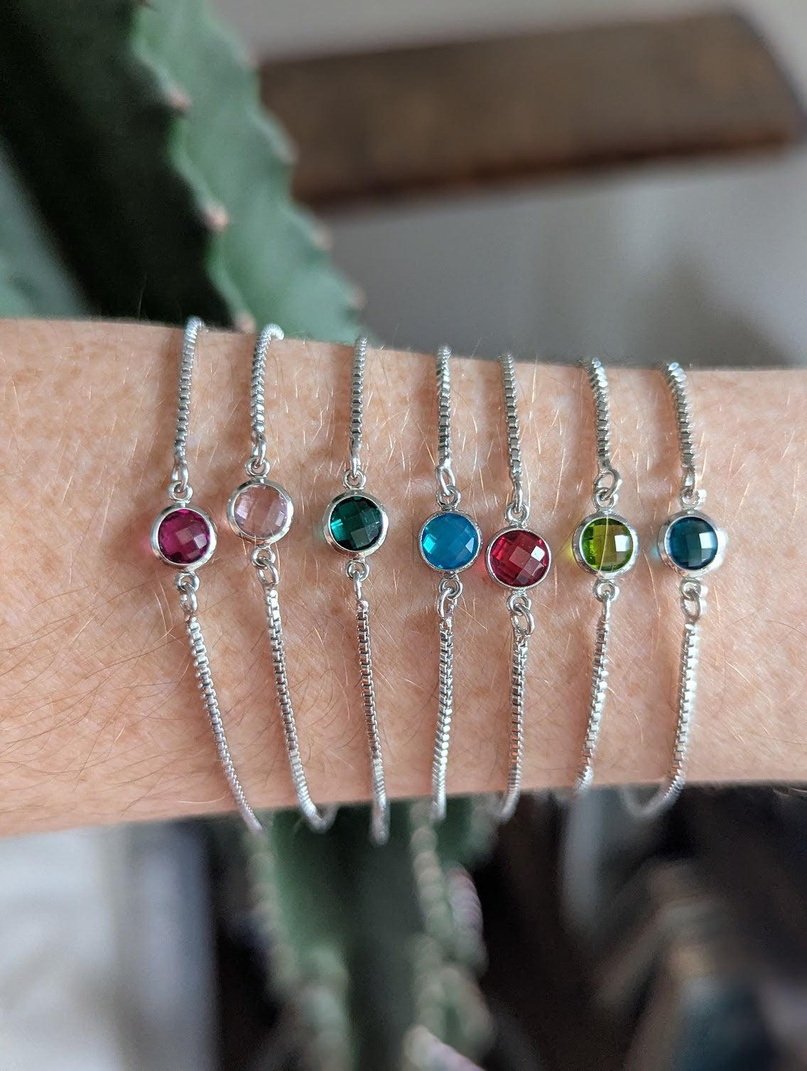 Small Faceted Gemstone Silver Slider Bracelet (Various Colors Available)