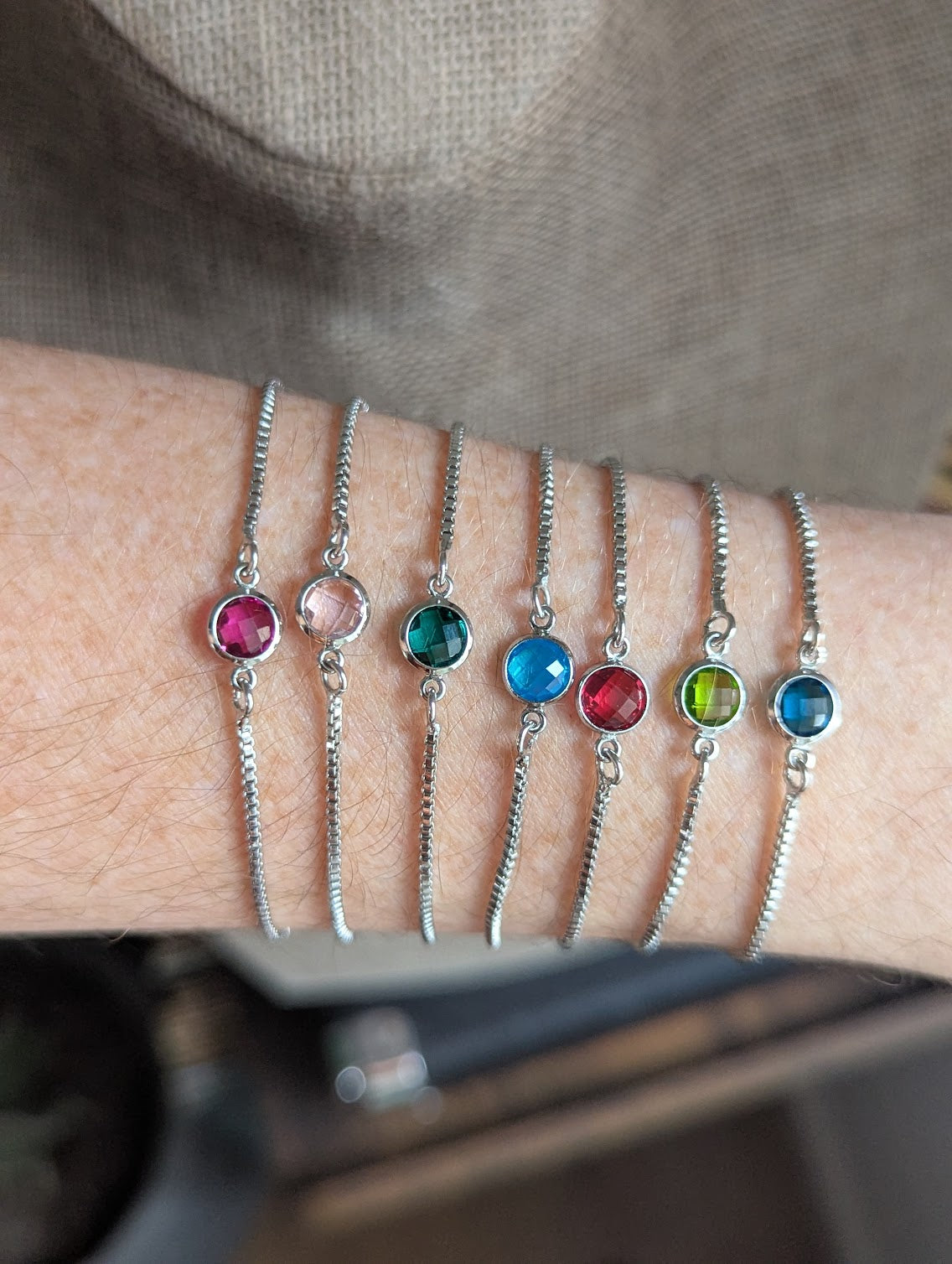 Small Faceted Gemstone Silver Slider Bracelet (Various Colors Available)