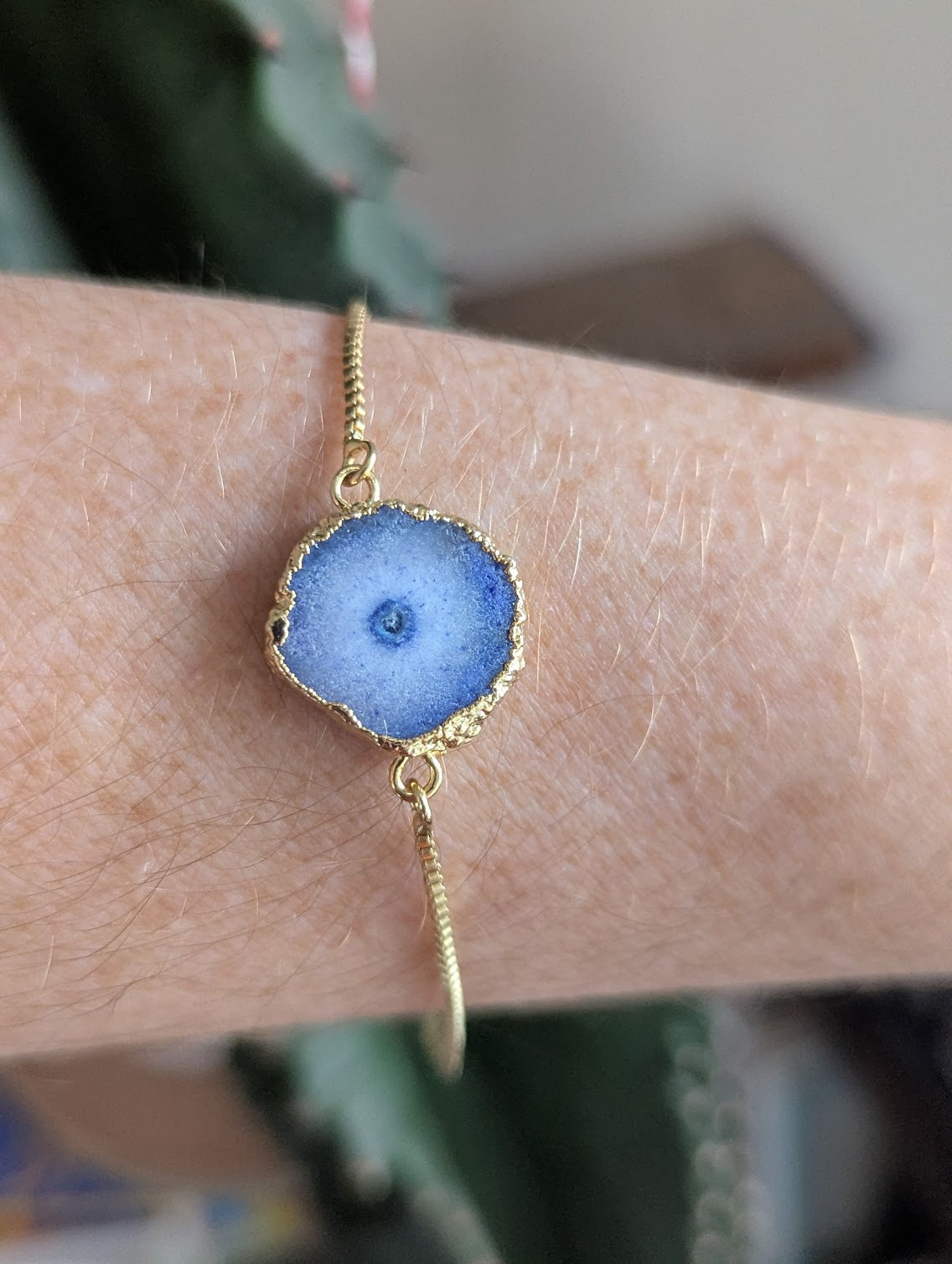Blue Agate Slice Gold Slider Bracelet