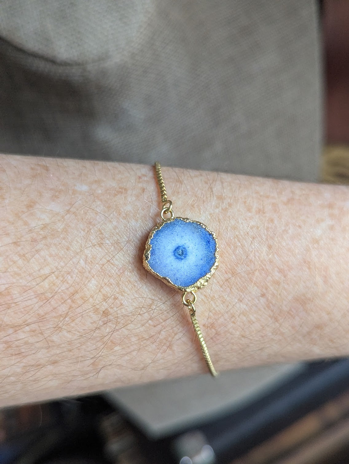 Blue Agate Slice Gold Slider Bracelet