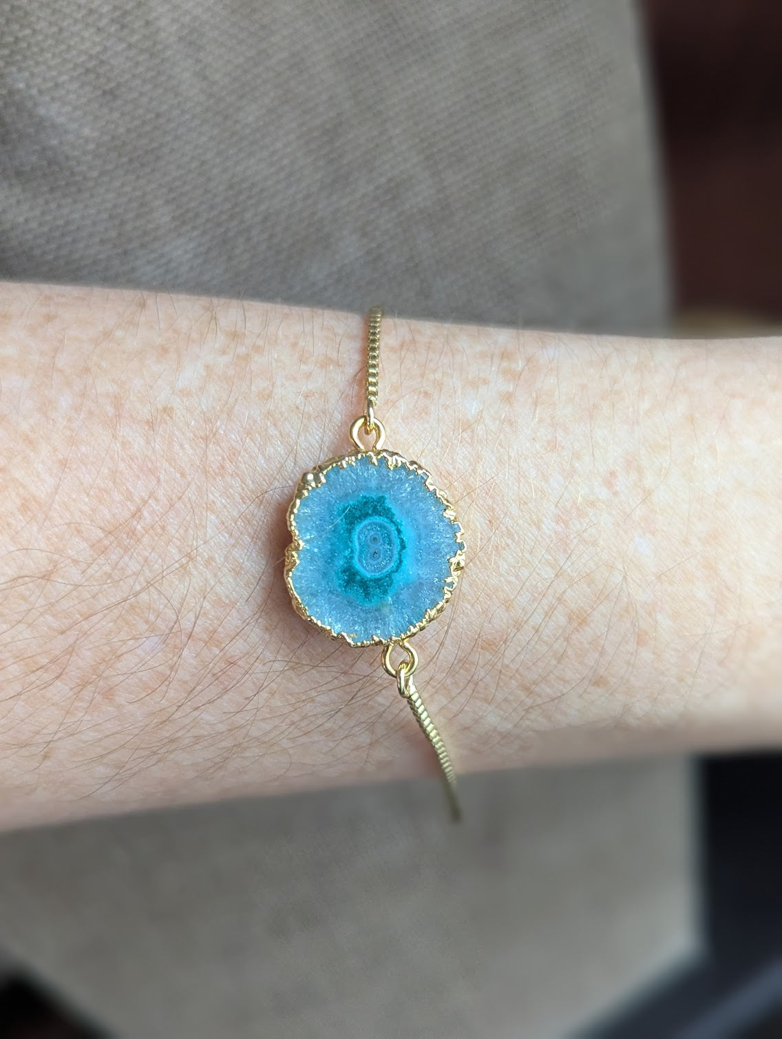 Green Agate Slice Gold Slider Bracelet