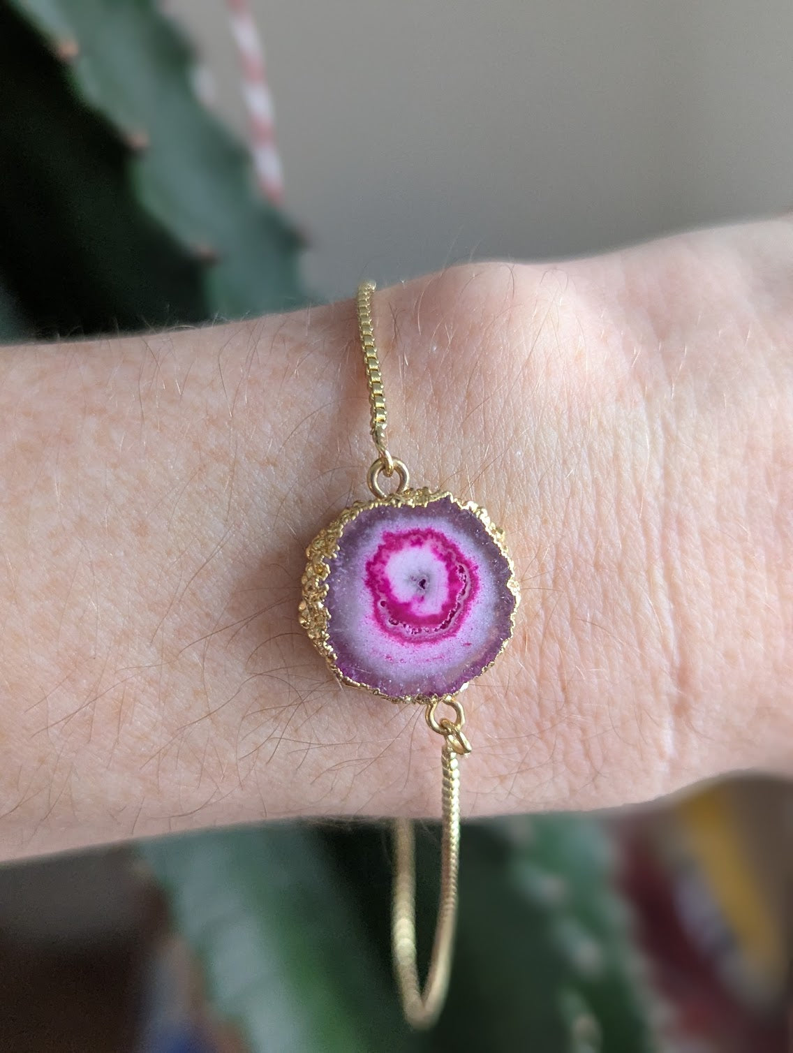 Hot Pink Agate Slice Gold Slider Bracelet