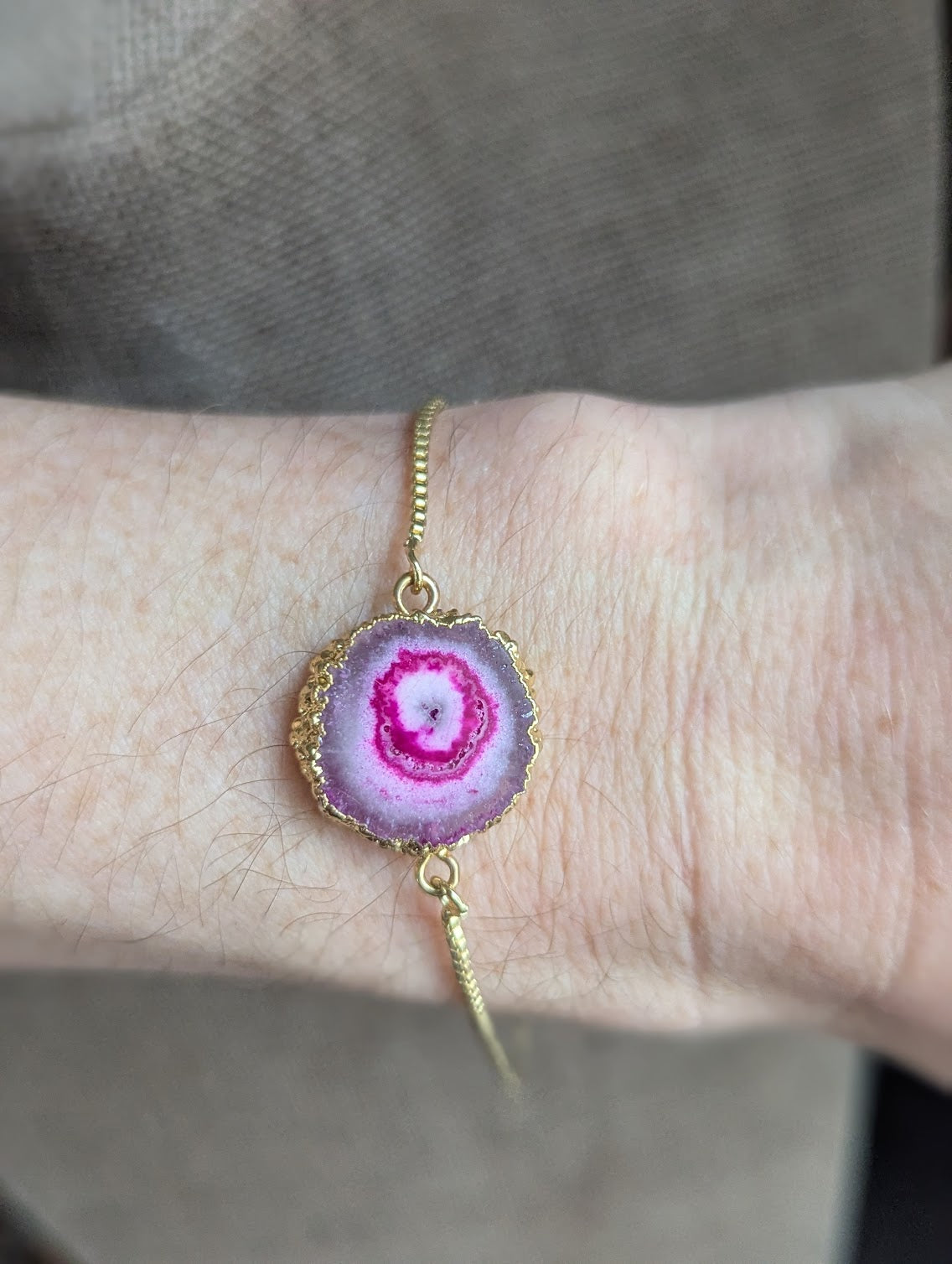 Hot Pink Agate Slice Gold Slider Bracelet