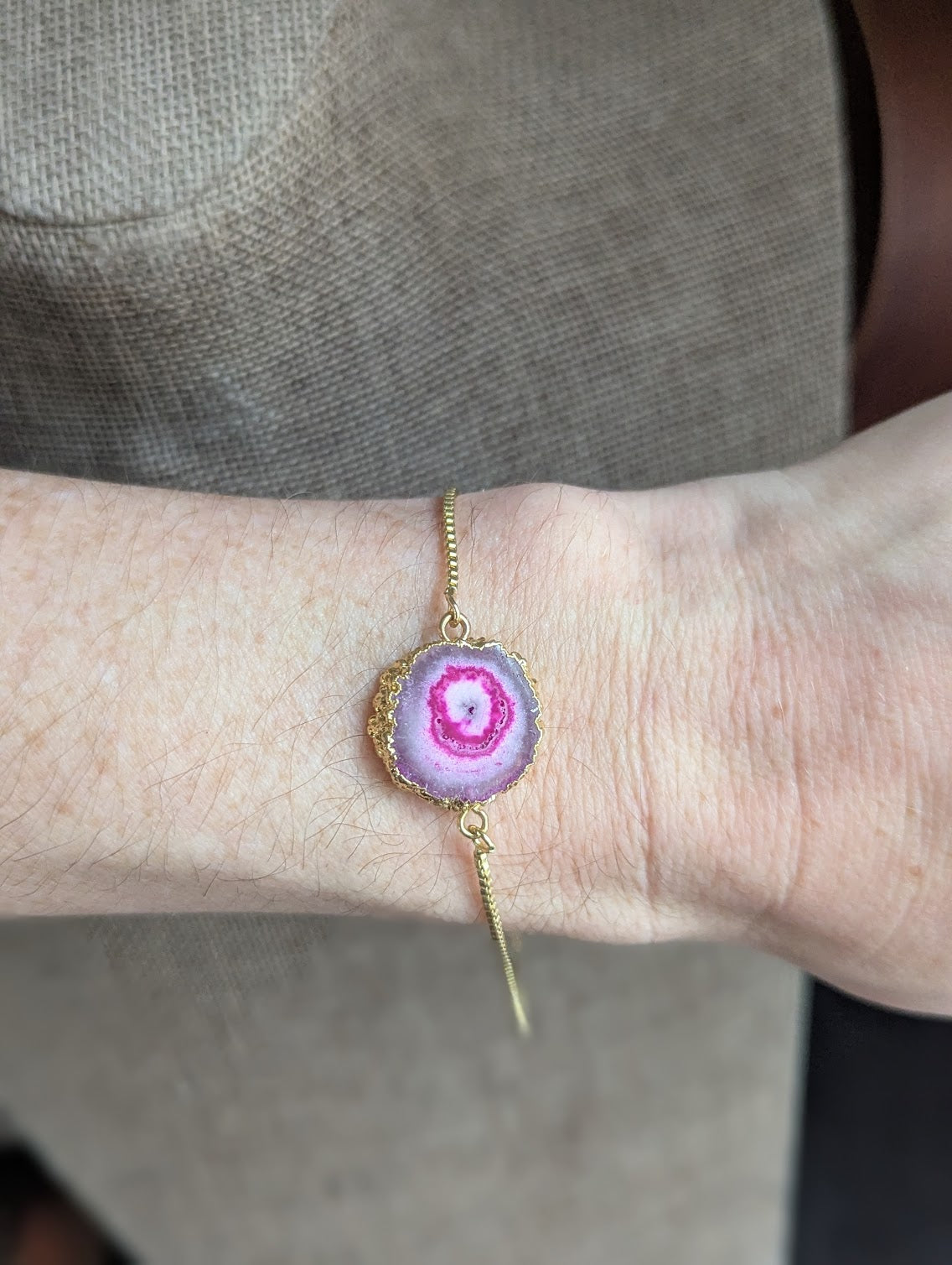 Hot Pink Agate Slice Gold Slider Bracelet