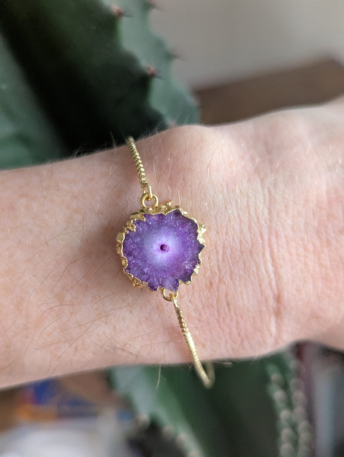 Purple Agate Slice Gold Slider Bracelet