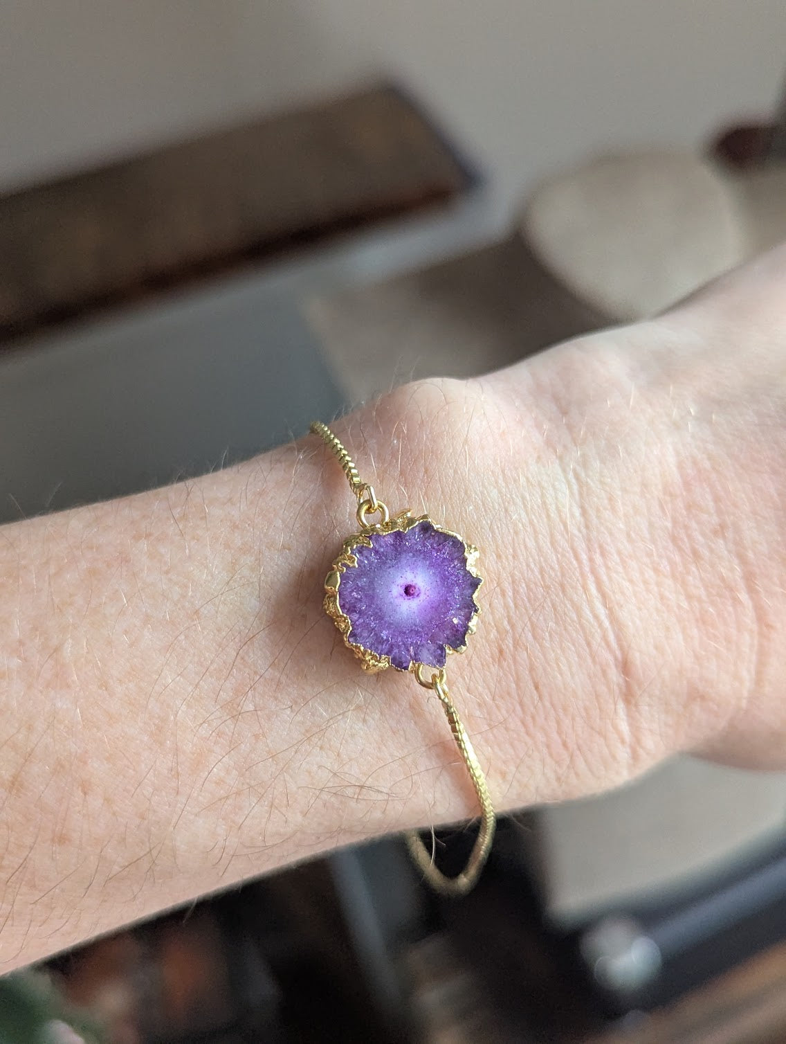 Purple Agate Slice Gold Slider Bracelet