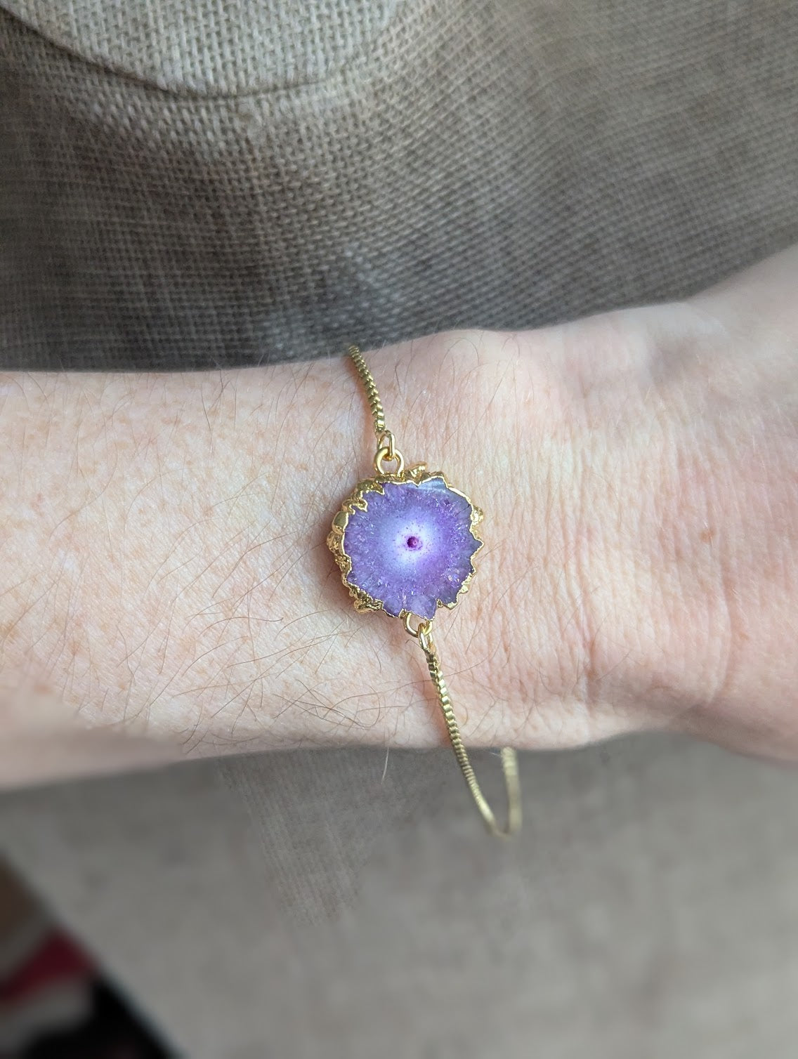 Purple Agate Slice Gold Slider Bracelet