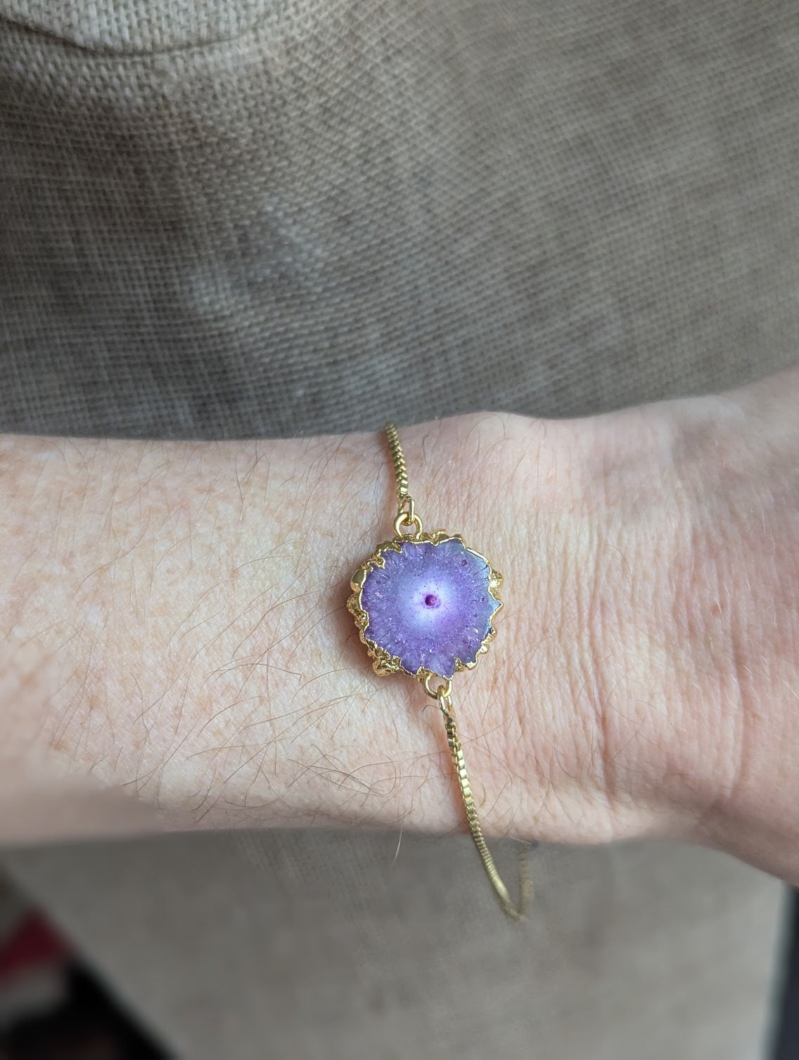 Purple Agate Slice Gold Slider Bracelet