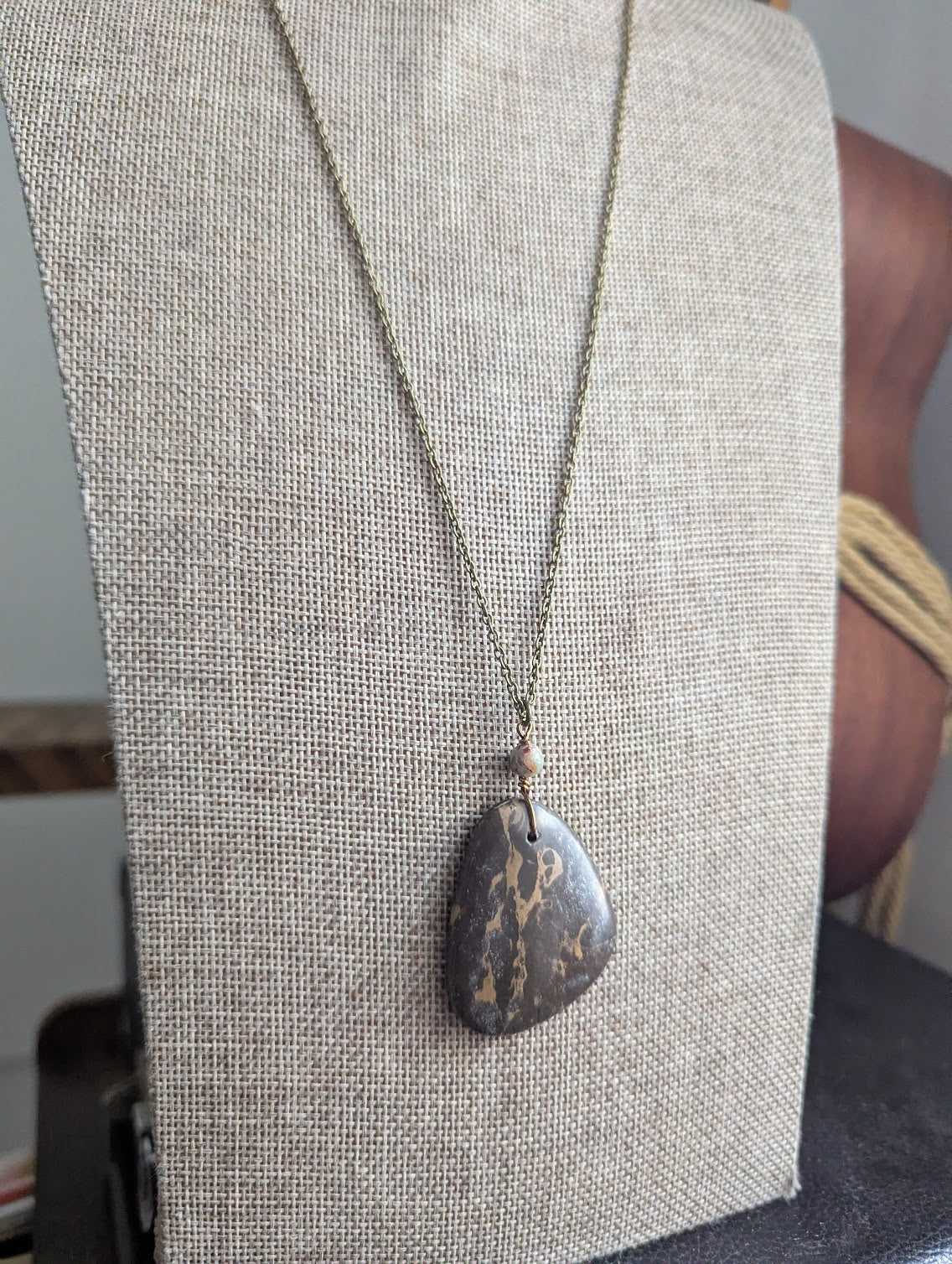 Brown Portoro Marble Brass Long Necklace