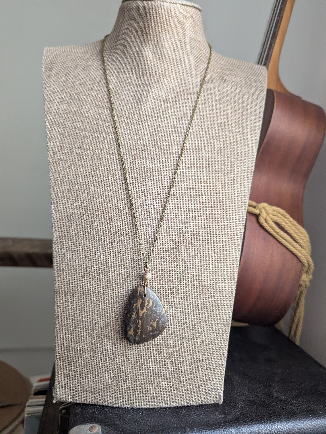 Brown Portoro Marble Brass Long Necklace