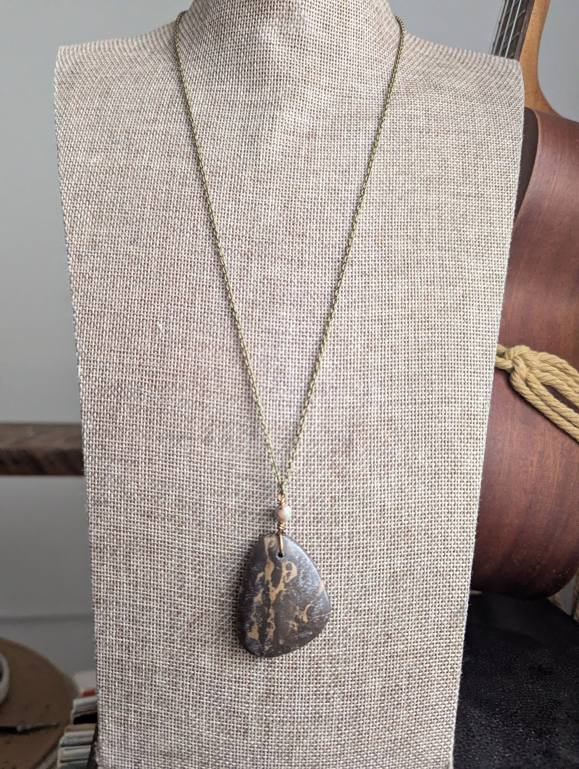 Brown Portoro Marble Brass Long Necklace